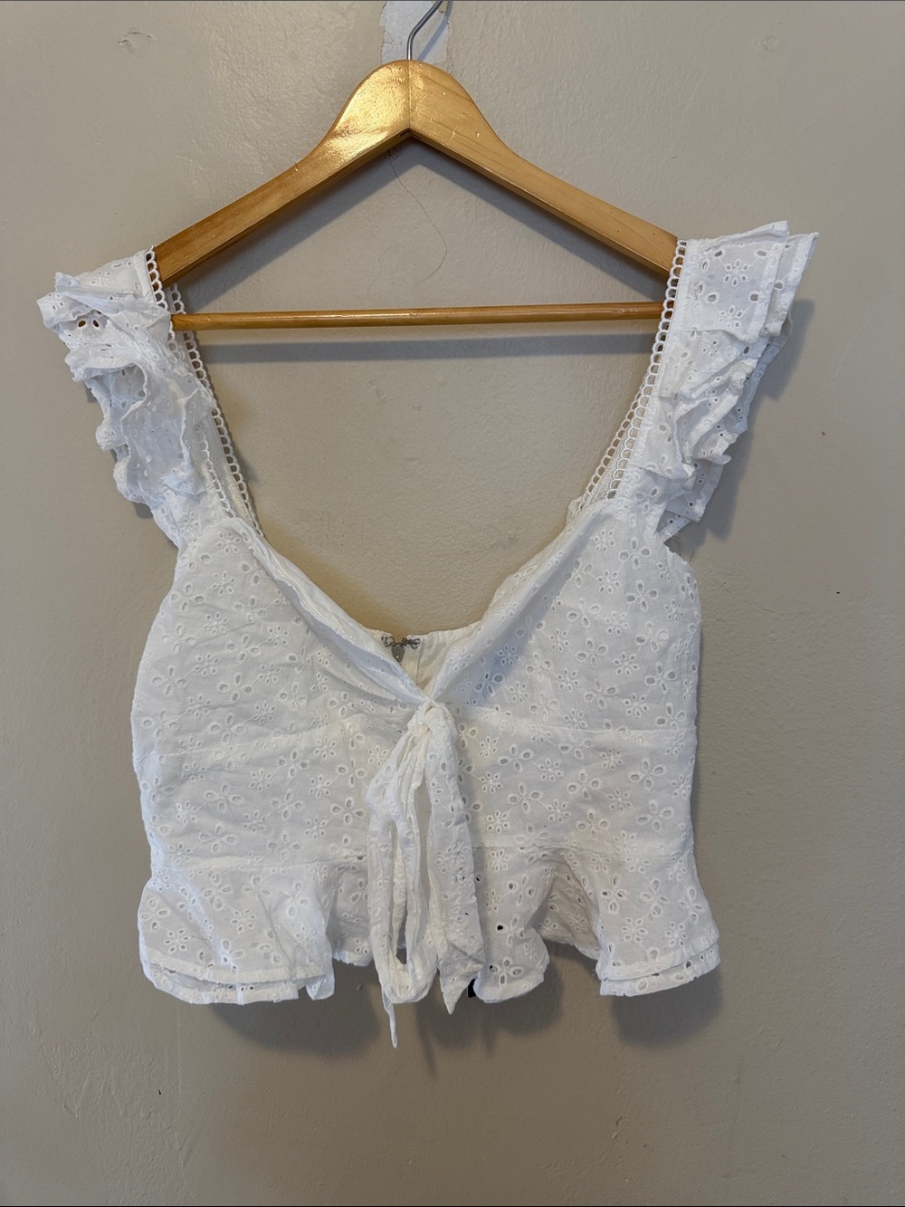 Fashion Nova White Eyelet Ruffle Tie-Front Crop Blouse